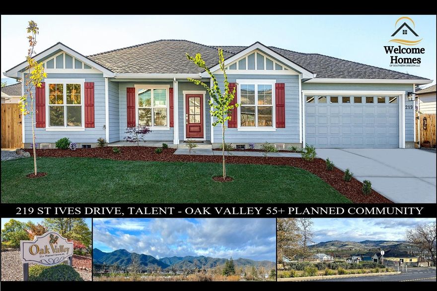 Quality, Comfort, & Style provided by Welcome Homes of Southern Oregon. Single level living at its best in this well-designed, 1,451' sq.ft., 3-bedroom, 2-full bath home, conveniently located in Talent; a charming Main Street America town known for its friendly atmosphere, rich history, & vibrant arts scene. Only minutes to Ashland or Medford, Oak Valley is a 55+ planned community offering a peaceful/friendly neighborhood, beautiful clubhouse & pool, relaxing setting, & gorgeous mountain views. All electric high-efficiency home w/ ductless mini-split heating & cooling system, high-efficiency water heater, & more. Great room comfort & split floor plan privacy. The primary bedroom suite offers walk-in closet, double vanity, & low step shower. Custom kitchen, open dining area w/patio access, utility room w/pantry, & finished 2-car garage. Fully landscaped w/sprinkler system & fenced back yard. HOA includes garbage collection, front landscape maintenance, use of clubhouse, & pool.