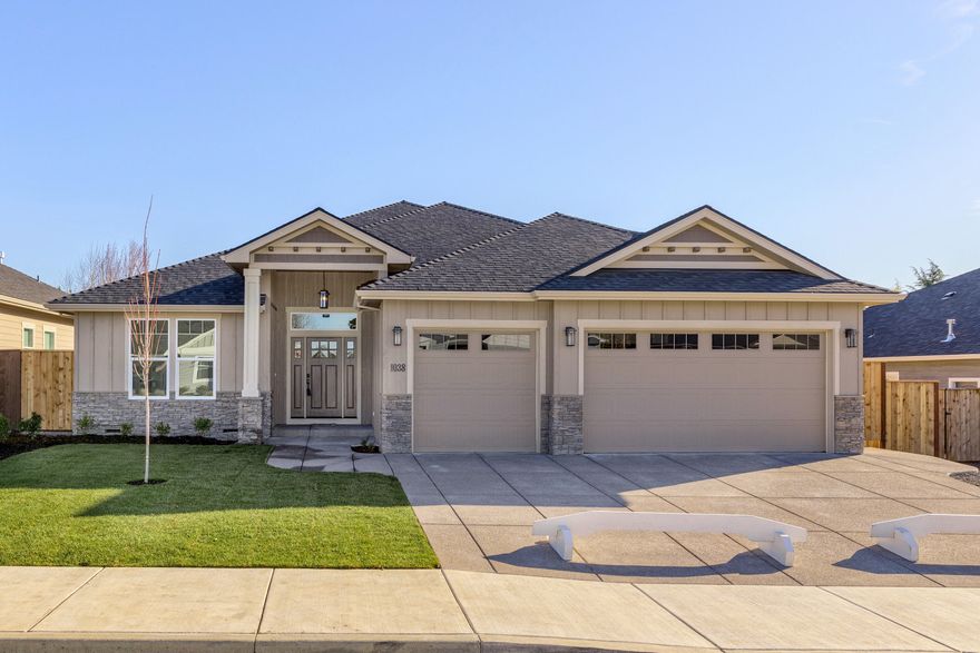 Another Beautiful new custom home by Preferred Homes in the Eagle Point Golf Community. 2527 square feet of luxurious living space in this amazing new home. The floor plan features a great room design with a spacious peninsula style kitchen that includes upgraded package with gas cooktop and double wall ovens. 10' ceilings throughout with a double coffer ceiling in the main living area all working to provide an amazing and inviting living space. The master suite features a custom tile dual head shower plus a large tile surround tub. Loaded with features and upgrades including custom cabinets and trim package, gas fireplace, beautiful wood or laminate and tile flooring and so much more! Energy Trust Certified with smart home upgrades. The home is situated on a level .31 acre lot with additional rear access for potential RV parking.