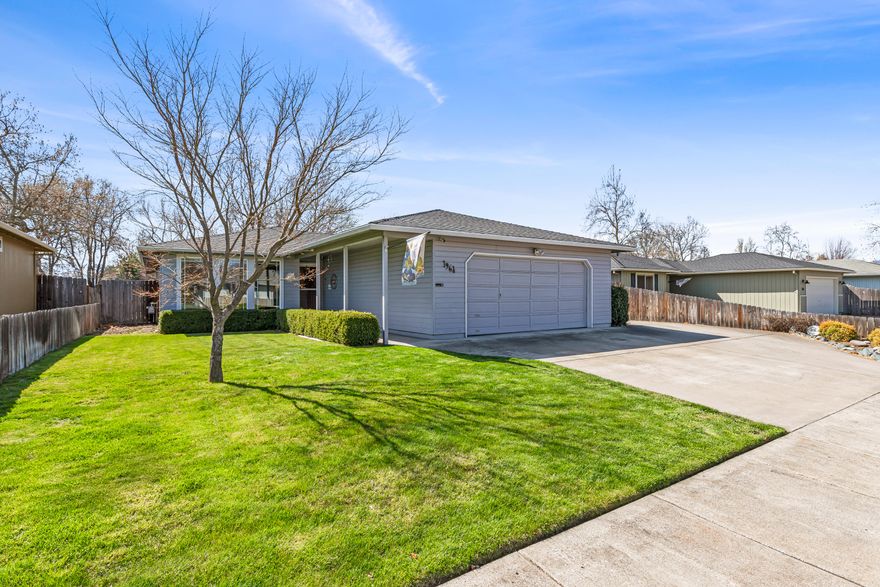 Bright, comfortable, and completely turn-key E Medford charmer. This home has been tastefully updated throughout, leaving the new owner with nothing to worry about besides enjoying the floor-to-ceiling windows in the living room, cozy den area off
the dining room, and huge covered back patio with stamped concrete. The wide hallway leads to two nicely sized guest bedrooms and a large primary bedroom. The primary bedroom was remodeled to make it twice its original size (all fully permitted), with an en-suite bathroom and a walk-in-closet that's probably bigger than the rooms we lived in during college. The oversized
two-car garage and approx. 15'-wide RV parking allow for ample room to store tools and toys without feeling cramped. All of this is in a great East Medford neighborhood with a well manicured lawn and views of the mountains from the backyard.