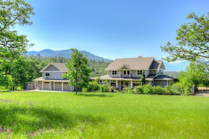 Now you can own one of the most gorgeous pieces of So Oregon's magnificent landscape & a stunning Martha Stewart contemporary farmhouse that comes with it! The home includes an ADA suite for elderly parents on 1st floor, a master suite w/its own living area and 2 add. bedrms & baths upstairs as well as a 796 sq ft guest house above 3car gar w/3rd bay shop.This could easily be a 2-family setup or multi-generational family compound. Attention to detail and finest craftsmanship & amenities apparent the moment you enter the home w/its expansive cherry flooring & abundance of windows w/transoms for enjoyment of the beautiful nature surrounding you. There's separate LR, formal DR w/butler's pantry & a warm, inviting Family rm w/its cozy fp & walls of library shelving. Expansive kitchen w/gleaming s/s appliances & generous, slab granite counter space & cabinetry &/lg nook framing Mt. Ashland. Much more inside & out including gorgeous grounds & pond. This Shangrila is 10 min from hospitals!