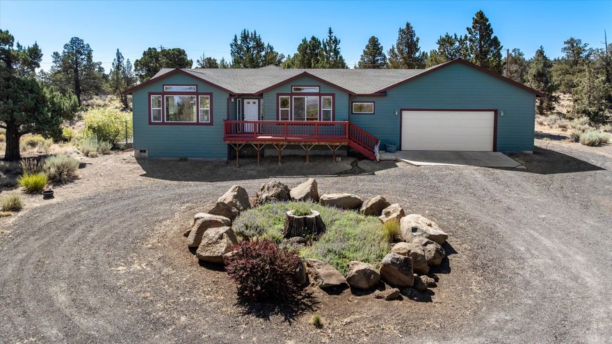 AMAZING LOCATION -Between Bend & Redmond!  Check with County re: ADU/STR use.   Custom-built retreat in the coveted Whispering Pines Estates, where privacy, comfort & natural beauty converge. Nestled on nearly 5 acres of tree lined serenity, this stunning home captures jaw-dropping views of Mt. Jefferson, Black Butte, & Smith Rock, making every day feel like a postcard. Designed w/ relaxation & connection to the outdoors in mind, the home features 3 spacious bedrooms, lrg laundry room, & open layout centered around the great room & primary suite- both perfectly positioned to soak in  mountain vistas. The heart of the home is an open concept kitchen feat. warm hickory cabinets, large bar-style island, & generous counter space- ideal for casual breakfasts, entertaining guests, or gathering w/ family. Enjoy the magic of Central OR sunsets from your front deck, where every evening paints the sky in breathtaking color.  Oversized, 826 sqft attached garage plus ample parking for RV & toy