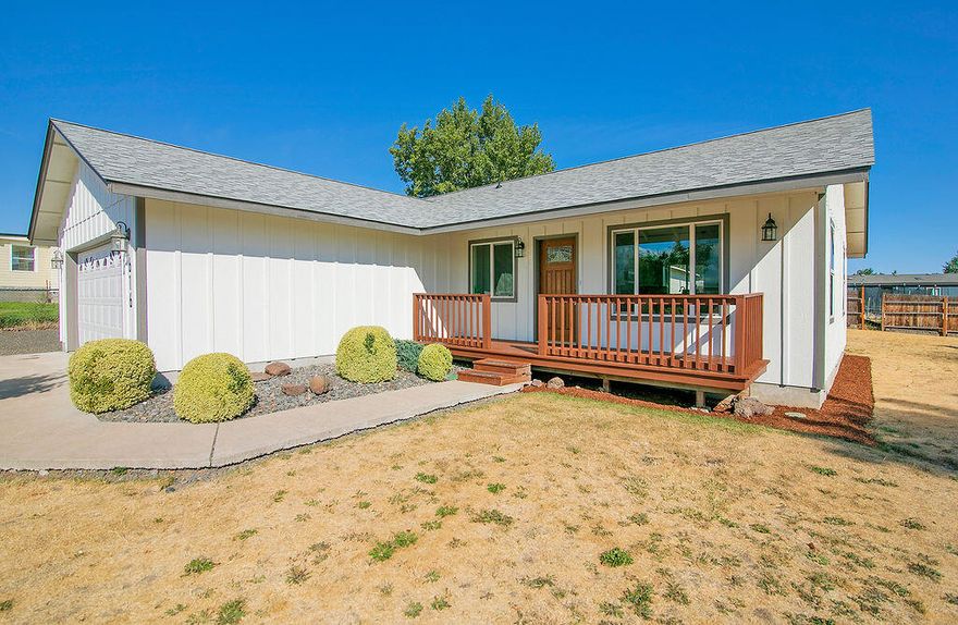 UPDATED -- 1 Level -- 3 Bedroom / 2 Bathroom -- 1232 Sqft -- Large Lot -- Great Room w/ Living Room / Kitchen w/ Eating Bar & Dining Area -- NEW Stainless Appliances -- LARGE Primary Bedroom w/ Full Bath -- Laundry / Mud Room -- Vaulted Ceilings -- Yard -- Garden Shed -- NEWER Roof -- NEW Interior & Exterior Paint -- NEW Flooring -- NEW Fixtures -- Deck -- Covered Front Porch -- RV Parking -- Quiet Neighborhood -- Minutes to Madras