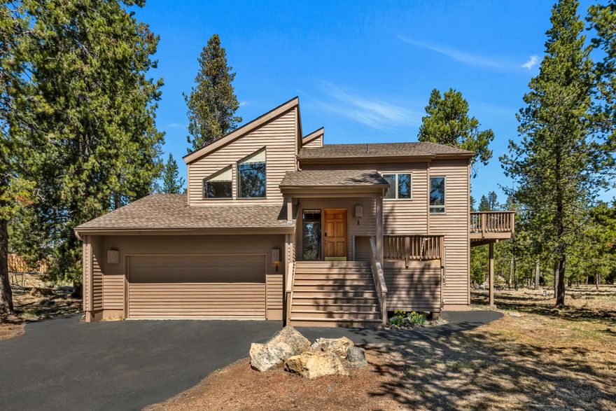 Timeless home located in North Sunriver offering 3 bedrooms and 2 full baths. Granite countertops, custom hickory cabinetry, and tile flooring create a cohesive and upscale aesthetic throughout. Kitchen includes newer appliances and a functional island with bar seating. Floor-to-ceiling windows flood the interior with natural light and frame the serene beauty of the outdoors. The vaulted great room and primary suite are highlighted by lap cedar-accented ceilings, fostering a cozy and welcoming atmosphere. Features a newer roof for added peace of mind. Dedicated hot tub area that is tucked away for privacy. Expansive decking on multiple levels, perfect for gatherings or quiet moments. The home is embraced by towering, mature Juniper trees. Easily accessible to Deschutes River & National Forest and just minutes to the North end pool. Experience the perfect blend of serene natural surroundings and all the amenities that Sunriver has to offer!