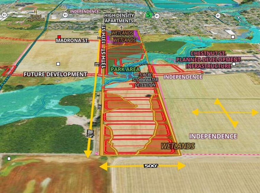 Residential Development property being annexed into the city limits w/ an overlay zone designated for a minimum of 9 units per acre. The Planning Dept. expressed willingness and flexibility to concentrate the high-density residential units into a centralized area to comply w zoning minimums.  Wetland delineation map is available. The City reportedly has funds set aside for the construction of the Ash Creek Bridge. This is an efficient, square and flat development with services next to the property.