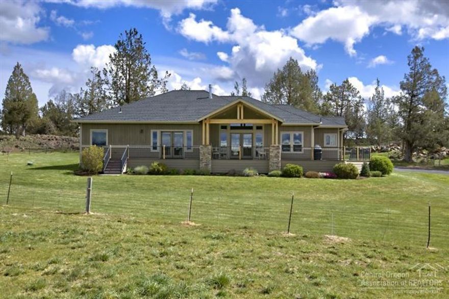 Stunning five mountain view of Three Sisters, Broken Top & Mt. Bachelor from custom Northwest style home on 19 acres w/ 17 ac of COI irrigation. Single level home is 2179 sf, 3 bed/2.5 bath, vaulted ceilings, fireplace, gourmet kitchen w/ granite countertops, SS appliances, family & living rooms, office, master suite, trex deck, landscaped yard & 2 car garage. Property: barn/shop, livestock pens, fenced, gated & borders BLM. Private setting located between Bend/Redmond to enjoy the Central Oregon Lifestyle.