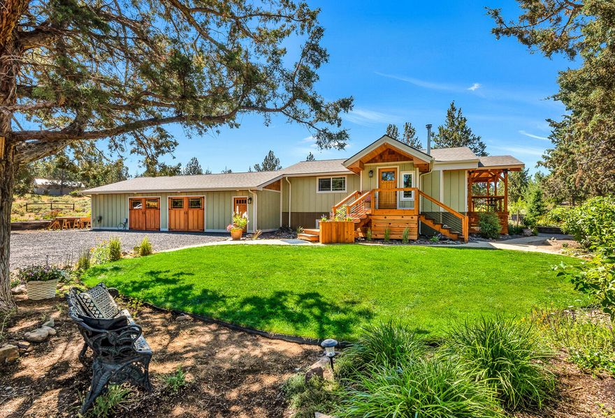 Rare and special West Tumalo property. You will find this little oasis at the end of the road with nearly 500 acres of horse riding, biking, and walking trails right from the property. Inside you will be greeted by vaulted ceilings, exposed beams, solid wood trim and doors, and updated bathrooms. And when you step outside on this fully fenced and cross-fenced property you will find a garden, chicken coop, apple trees, raspberries, blueberries, strawberries, thornless blackberry bushes, and more. You will love watching sunsets over the mountains from the covered deck and entertaining on the paver patio with fire pit. Space and privacy and all less than 2 miles to downtown Tumalo, The Bite, Tumalo State Park, and the Deschutes River. And less than 6 miles to Bend. Come see for yourself.