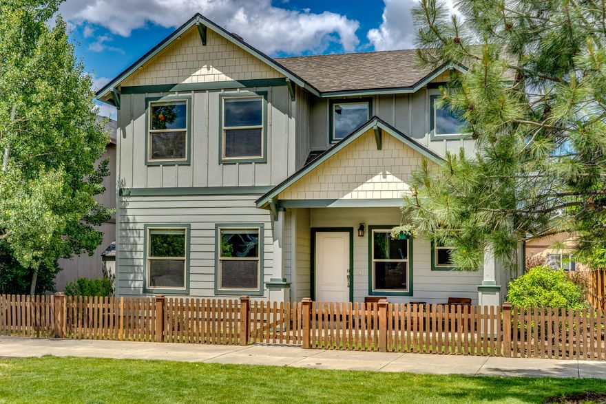 Welcome home to Gardenside, one of Bend's most desirable neighborhoods on the SE Side. Enjoy low maintenance living in this 2-story home situated perfectly within the neighborhood with a large stretch of common space right out your front door and just across from the neighborhood park! Fenced all the way around w/ multiple gates, take advantage of several outdoor spaces w/ rear privacy and a great view of the greenbelt out front. Inside, appreciate the spacious primary suite on the main level complete with soaking tub, tile shower, dual vanities, and walk-in closet. The well thought out open concept floor plan features a generously sized kitchen w/ stainless appliances,  a nicely sized living room w/ wood floors, and large dining room w/ slider access to the rear covered patio and backyard. Upstairs, find an open office space and 2 spacious bedrooms w/ full bath as well as the laundry room. Schedule a private showing today!