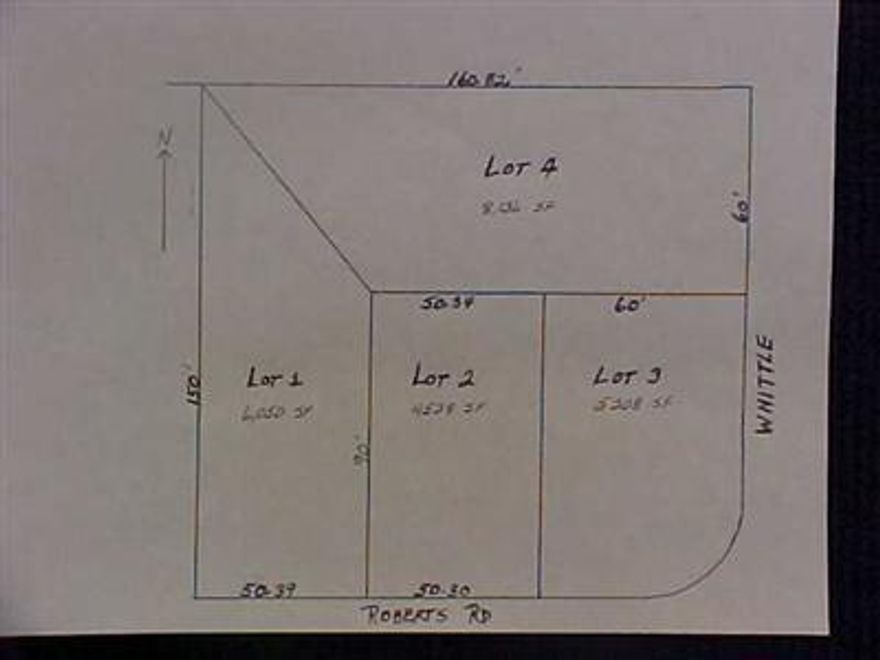 LOT #4 Four lots on the corner of Roberts & Whittle. Lot #1 is 6050 sq. ft., Lot #2 is 4528 sq. ft., Lot #3 is on the corner and is 5208 sq. ft., Lot #4 is on Whittle and is 8136 sq. ft. Should have final plat approval Oct. 15.