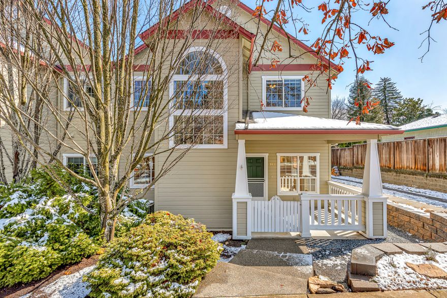 Move-in ready corner townhome near public parks, schools, hiking trails, and groceries! Main level features engineered oak flooring throughout open living and dining area with romantic curved archways, office or bonus room with closet, kitchen with all appliances included, half bath, covered front porch, private back patio with natural gas hookup, and one-car garage with storage. Upper level with spacious landing or office area, laundry closet with washer and dryer, full guest bathroom with shower tub, and two bedrooms with high vaulted ceilings — including primary with view balcony, full ensuite bathroom, and walk-in closet. All exterior maintenance including siding, paint, roof, driveway, and common area landscaping covered by association dues of $260 per month. Inquire with agents for access to additional documentation and details!