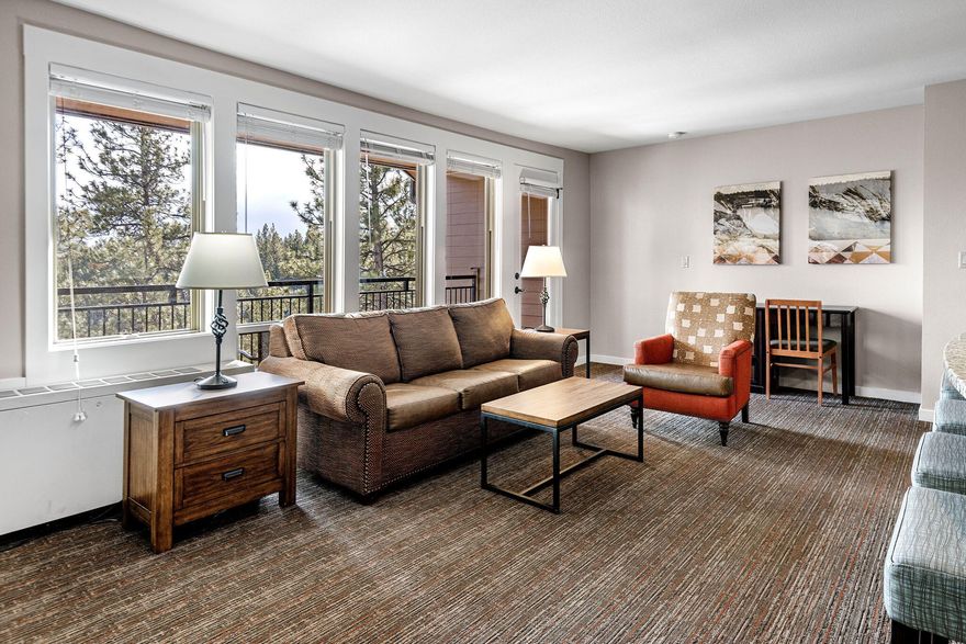 This top floor unit is quiet & is the perfect place to enjoy your morning coffee while overlooking the Deschutes National Forest then on out to the Paulina's to the southeast. The unit features 1 bedroom, 1 bathroom that can sleep 4. The Inn of the 7th is the closest resort to Mt. Bachelor & just a short distance to Downtown Bend. Centrally located to hiking, biking, rafting, skiing, golf & much more. Resort amenities include restaurant/bar, ice skating rink, fitness center, several pools, hot tubs, pickleball, tennis, mini golf, disc golf & picnic areas! Monthly HOA dues cover all utilities, TV, WIFI, garbage, snow removal, exterior maintenance & repairs, HVAC & hot water tank maintenance also include deeded share of annual property tax. The shares B & C are available individually. B & C are deeded 1/6th shares.