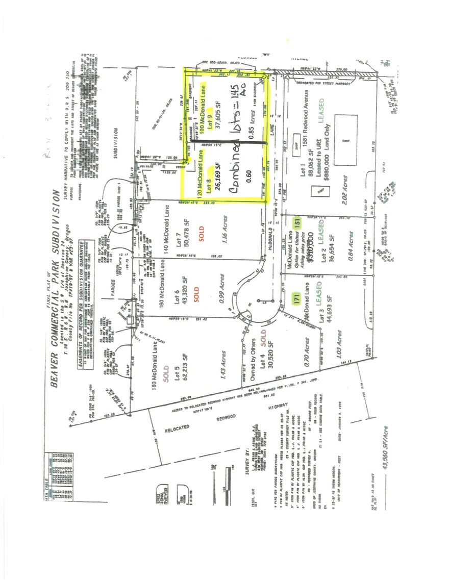 Exclusions to Listing - Ask Listing Broker for Details! Only two remaining commercial lots, located between high-traffic Redwood Highway and Redwood Avenue in Grants Pass. A total of 1.45 combined Acres, Lot 8 (0.60 Acres) and Lot 9 (0.85 Acres) in the Beaver Commercial Park are the premium lots in the commercial park. Lot 9 is currently leased to a tenant on a Month-to-Month basis. Lots are available together or separately. Located just past Allen Creek Shopping Center (Albertsons) between Redwood Highway and Redwood Avenue, near Red Robin and the Josepine County Fairgrounds. See attached subdivision plat map.