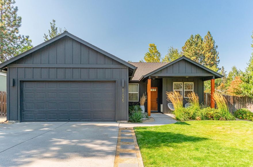 Experience Nordic-modern living with this remodeled home.  The open concept design, natural light, 9' ceilings, fresh interior paint, and vinyl-plank flooring create a light and bright atmosphere.  The kitchen has new waterfall quartz countertops and stainless steel appliances.  The spacious primary bath is balanced with modern earth tones, natural shelving and a 72'' double vanity, while the guest bath has a deep soaking tub with tiled shower surround.  The primary bedroom is generously sized, and two additional bedrooms provide space for the family, guests or working from home.  Outdoors, you'll find a large patio and separate fire-pit area, a fenced rear yard and design-forward landscaping.  A two-car garage and separate storage area provide space for projects and your Central Oregon toys.  This home caters to both the adventurous and peaceful spirit.
Close proximity to the Deschutes River Trail and a quick bike ride or drive to the Old Mill.