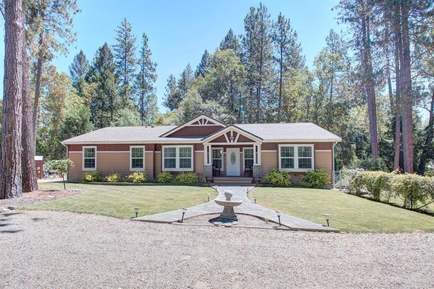 Start packing because you are going to love this Beauty! 2316 sq. ft. offers a fantastic floor plan with 4 bedrooms plus den on nearly 6 level acres w/ tons of curb appeal. Split bedroom plan provides privacy in spacious Master Suite w/ a large walk in closet, tub, separate shower. Guest wing is separate with its own bath, 2 more bedrooms share a bath and a den in a Jack & Jill fashion. Large kitchen with center island, pantry, and eating bar designed with entertaining in mind. Large great room joins dining area and shares a lovely view of woods and ferns. New pellet stove keeps everyone warm and cozy. Over sized 700+ sq. ft. garage with room for 2 vehicles plus storage and workspace plus a small shed for garden, critter or small shop. Immaculate and ready for you to move in! tons of parking for everything. Good well, covered patio & porch, nicely groomed landscape, garden area, berries, fruit trees, nice mix of tall pines and open area. What more could you desire?