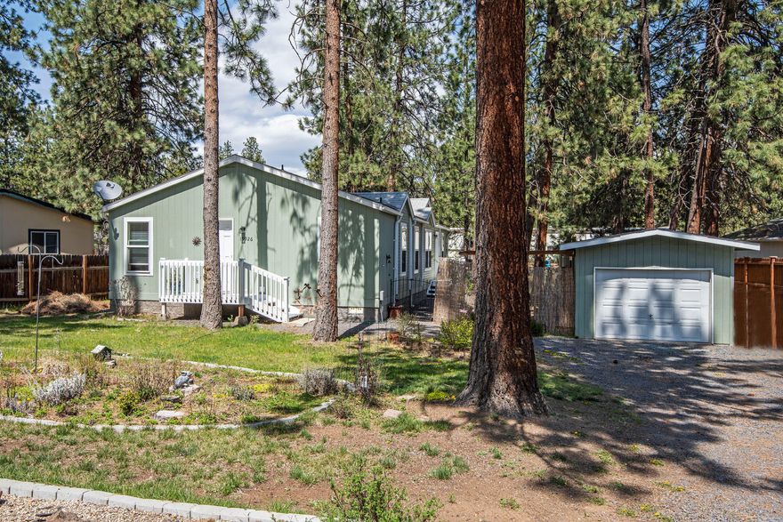 Affordable living in SW Bend with easy access around town. An open floor plan, vaulted ceilings and loads of storage. Nicely maintained and recently updated with paint, flooring and light fixtures. It sits on .20 pine treed acres with a detached single car garage. Super Good Cents Home.