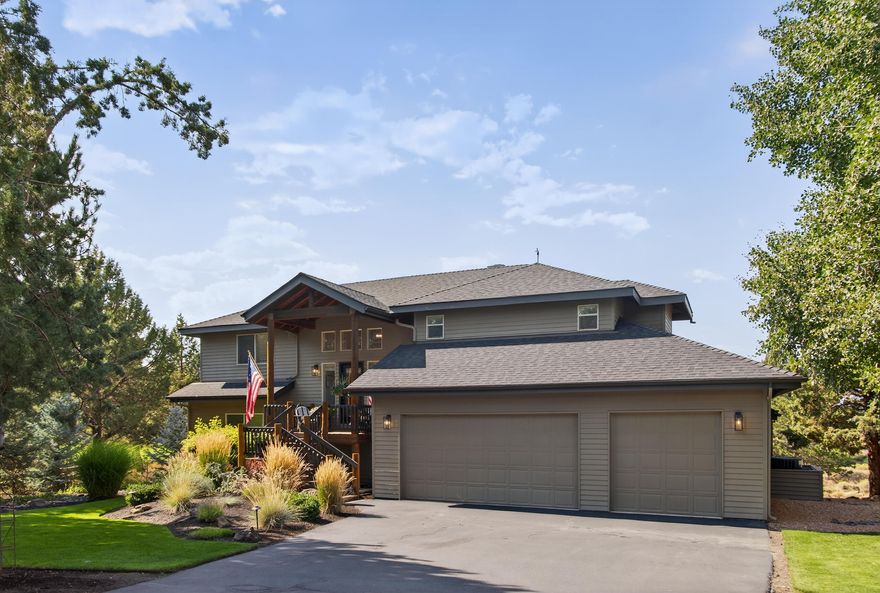 Gorgeous Eagle Crest Resort home with stunning views of Mt. Jefferson, Mt. Hood and Black Butte from the living room, primary suite and multiple decks, overlooking the 8th tee box of the Ridge Golf Course. Immaculate 4 bedroom, 2.5 bath home situated on .53 manicured acres in the heart of Eagle Crest. This 3,009 sq ft property has been completely remodeled in a farmhouse/lodge style, blending rustic charm with modern amenities. The home is perfectly situated to host family and friends with its large kitchen and great room, separated downstairs family room with wet bar and spill over flex space in the garage. The home features two spacious exterior seating areas, perfect for relaxing or entertaining, plus a hot tub for ultimate relaxation. A new roof was installed in March 2025. With short-term vacation rental potential and a manageable HOA fee, this home is a rare opportunity for both personal use and investment. Don't miss out on this perfect blend of comfort, style and location!