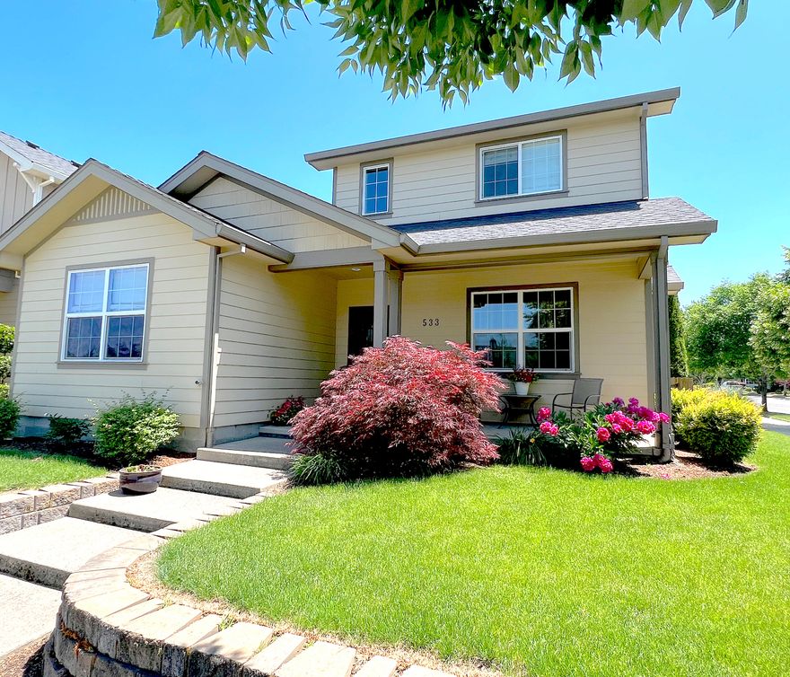 Welcome to your dream home at 533 Buck Point Dr. This immaculate 3BR, 2.5BA home sits on a corner lot in the desirable Twin Creeks neighborhood and offers a perfect balance of comfort and luxury. The spacious living room features high ceilings and a cozy gas fireplace. The gourmet kitchen boasts stainless steel appliances, granite countertops with a pantry and breakfast bar seating. The primary bedroom on the main level includes an en-suite bathroom and large walk in closet. The upstairs bedrooms are nicely sized with walk in closets.  The  backyard has a garden and covered patio, perfect for outdoor entertaining. This home also features a 2-car garage, laundry room, and ample storage. Sitting just across the street from greenspace and  park which offers tennis courts/pickleball, playgrounds, sports court and trails. Conveniently located minutes away from shopping, dining, and entertainment with easy access to I-5.