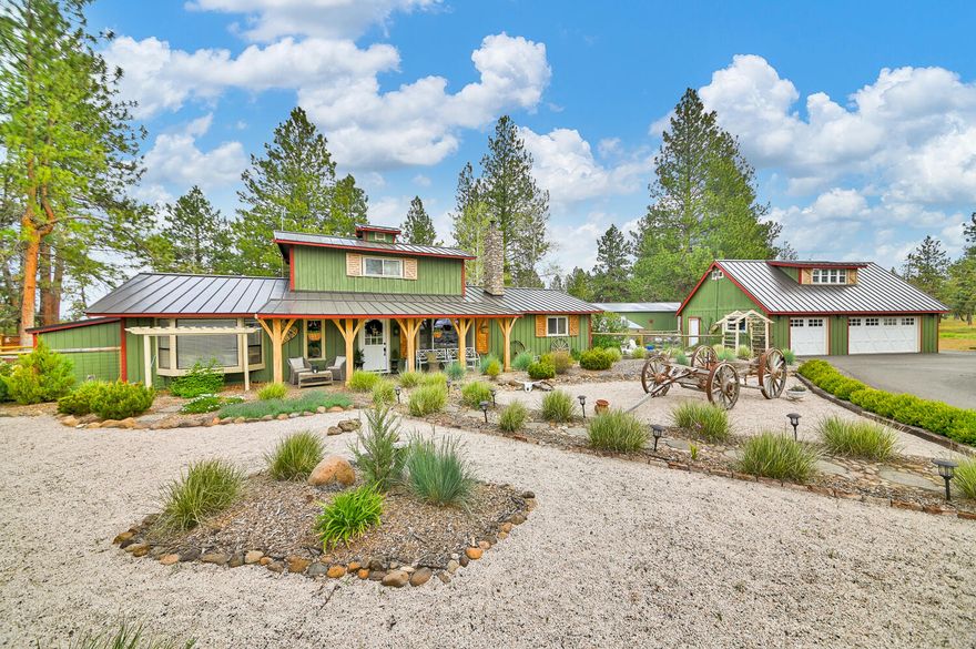 Let this tastefully appointed ranch welcome you home, only 4 miles to Sisters sits this fully updated and fenced horse property. This home has been designed with function, warmth and comfort flowing from one useful space to the next. Downstairs has 2 bedrooms and a full bath, the master suite is located on second floor, feeling like a true retreat. The back patio has expansive views of Black Butte and fenced pastures. Additional buildings include a detached 3 car garage with permitted office and full bath upstairs that is full of natural charm. Behind the garage is a 30x48 ft shop with a car lift and loft storage. Adjacent to the shop is a beautiful stick built greenhouse with raised garden beds with additional access from inside the green house, large chicken coop and storage attached to greenhouse. Well cared for 2 stall barn with tack room in horse pasture. Don't miss this opportunity to live on acreage yet minutes from it all. SISTERS SCHOOL DISTRICT