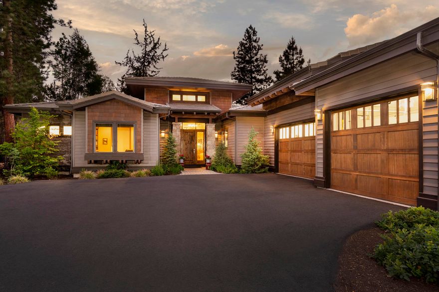 Experience the tranquility and beauty of this Contemporary Northwest style home nestled among towering Ponderosa Pine trees and a lush green-belt. Upon entering you are embraced in a spacious Great Room, complimented by vaulted ceilings, dramatic fireplace, a wall of windows which brings the serenity of nature inside, and gleaming wood flooring. The attention to detail and exquisite interior selections throughout add to the warmth and charm of this custom quality-built home in one of Bend's premiere golf course communities, Broken Top. Enjoy the ease of one level living and professionally landscaped low-maintenance grounds.