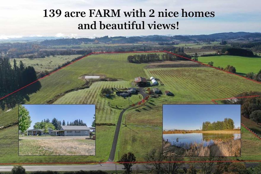 Multiple options for income & food sustainability. This 139+ acre farm w/2 nice homes & beautiful views offers
approx 85 acres in Kora forage fescue, 2 greenhouses, 150x50 machine/hay barn, RV cover w/hookups, a shop wired w/220, & a new 3-Phase power upgrade. Year round creek, irrigation pond, & nearly perimeter fenced. Fruit
& nut trees include peaches, plums, apples, pears, hazelnuts, & walnuts. Second home is a 1991, 1800sf MFH. 26 miles to UofO, 28 miles to OSU, 13 miles to Eugene Airport.