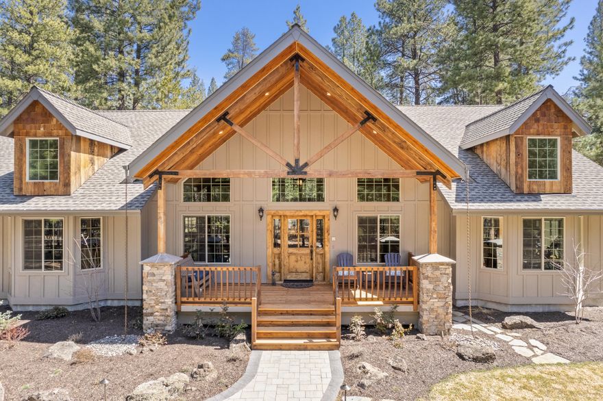 Exceptional quality is exemplified throughout this custom-built home w/4 bd rms,3.5 baths on 3.43 forested acres. The great room features a floor to ceiling Montana Rock fireplace and opens to the chefs kitchen with stainless-steel appliances. Nestled among the trees for privacy, enjoy the tranquil forest from your custom paver patio with firepit or while soaking in the hot tub. There is a spot for everyone inside and out with 2 primary suites, office, separate bonus room and additional guest room. The covered Pergola is the perfect spot to enjoy a beverage and take in the view. This home offers lots of extras including African walnut wood floors, Alder doors/moldings, Hickory cabinets, polished granite slab & historic barnwood accents. Two car garage with epoxy flooring for all your toys & space for your RV/boat as well. Minutes from the Village at Sunriver, golfing, trails, lakes and rivers. This property backs to Deschutes National Forest giving you ultimate privacy.