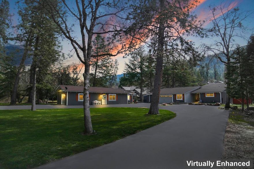 Situated in one of the most Heavenly & Magical settings you will ever find on the Rogue River.  A true fisherman's dream spot located in one of the most desired quiet Cul-de-sac neighborhoods away from freeway noise.  Top to bottom renovations completed 2023, 2 homes on 1 lot includes 3 Bedroom single level home plus additional 2-bedroom 1 bath home. Gorgeous custom gourmet kitchen with 5 burner stove, farmhouse vent top and stainless appliances.  INDOOR heated swimming pool.  No expense was spared in these beautiful turnkey homes which come completely furnished.  New roof, new HVAC and electrical.  Additional attached shop area in garage, plus 2 bonus areas for tools/toys.  Plus, out-building for more storage.  Irrigation water rights from the river. Automatic sprinkler system.  Enjoy relaxation time in the Spa, gazebo and firepit or fish to your hearts content.  Minutes from town and restaurants. Live in one and rent other.