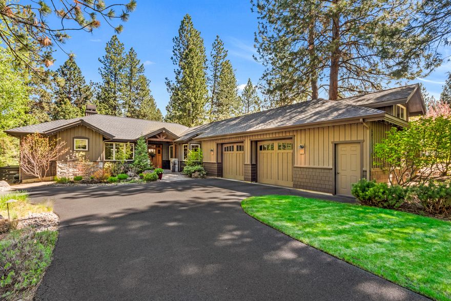 Nestled within the mature Ponderosa pines of the Deschutes National Forest, this single level home overlooks the golf course with a picturesque & private setting.  Centrally located with easy access to downtown Bend, Old Mill District along with trails & Mt Bachelor. Situated on just over a half-acre, offering ample separation from neighboring homes and a welcome retreat.  Tiled entry looks through the vaulted great room through the large windows facing the rear yard and golf course.  Expansive kitchen with custom cabinetry, premier appliances and kitchen island for casual gathering.  Private resident suite and large office is complimented by two additional guest rooms and accompanying bath on the opposite end of the home.  Oversized two garage affords the ability to park two vehicles coupled with additional storage and shop area for the requisite Central Oregon ''toys''.  Available club membership offering 18-hole golf course, driving range, putting green & 10 indoor pickleball courts.