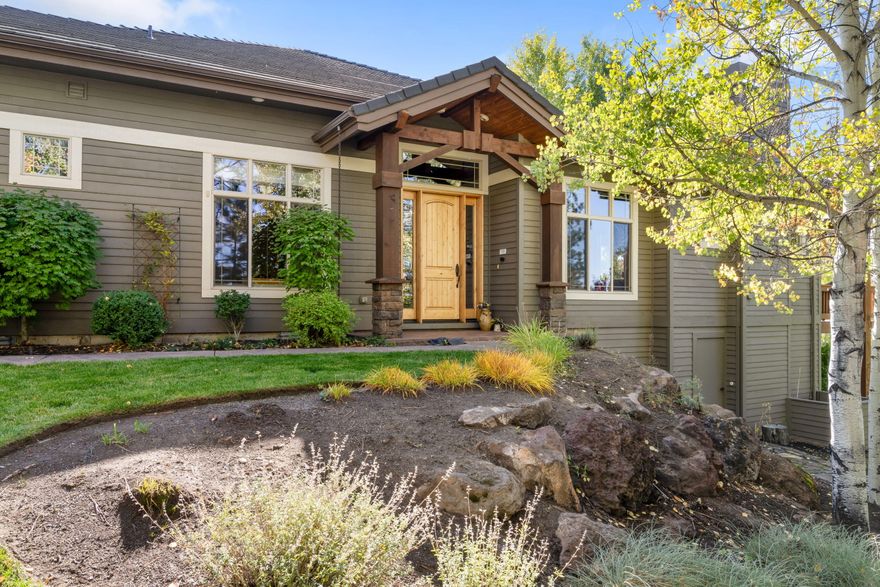 Tucked away at the end of a private street, this luxurious single-level townhome offers 2 primary suites, a 3rd bedroom/den, 2.5 baths and 2,120 sq ft of refined mountain living. Bright and inviting, the great room features vaulted, beamed ceilings, expansive windows framing Cascade Mountain views, and a new gas fireplace for cozy ambiance. The spacious kitchen is ideal for gathering, with stainless steel appliances, extended counter space and plenty of prep area. Step outside to the covered patio and enjoy year-round outdoor living surrounded by beautifully manicured landscaping and peaceful privacy. The primary suite is a private retreat with patio access, perfect for morning coffee under the pines, plus a spa-like en-suite bath with quality finishes. Added conveniences include an attached 2-car garage, 800 sq ft of bonus storage with two finished rooms, and low-maintenance living. Minutes to trails, the dog park, downtown Bend and Mt. Bachelor, this is Central Oregon living at its finest.