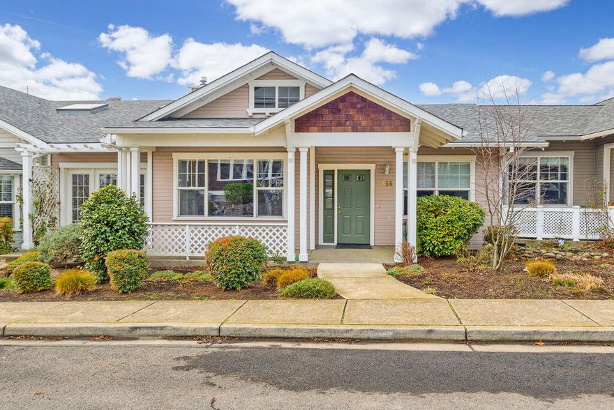 Beautifully crafted, one level, single family home situated in the award winning Mountain Meadows campus. This home is perfectly placed just steps away from the clubhouse/fitness facility. This home boasts a quaint front porch, lots of natural light throughout, a formal living room with a gas fireplace and charming built-ins. The dining room has a sliding door leading to a fenced backyard oasis. The yard is the perfect size to unwind on the beautifully crafted deck or putter in the garden area complete with mature plants and artificial turf. The roomy kitchen offers stainless steal appliances, granite counters and a pantry/laundry area. Light and bright primary bedroom has walk-in closet and a door leading out to backyard haven. Primary bathroom has walk in shower for easy access. Second bedroom has a large closet and an easy path to another full bath. Single car garage with ample storage. All this and the home has been painted white throughout for a fresh, updated feel!