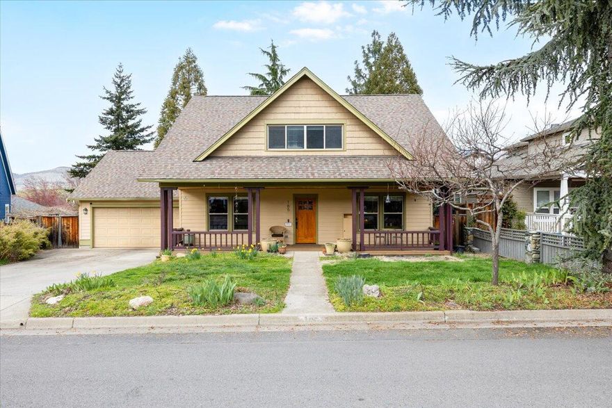 This 2512 sq. ft. home in the Ashland Audubon neighborhood stands in the sweet spot of Ashland. It is conveniently located 6 blocks from downtown on a large level lot with a wide, welcoming front porch. The open floorplan with stunning solid-oak floors, offers versatility with 4 large bedrooms; 2 on the main level & 2 upstairs. Both upper-level bedrooms have beautiful hickory wood floors. Both bathrooms have new flooring. Additionally, the second level provides an impressive 480 sq. ft. office / family room with vaulted ceilings. Views of Grizzly Peak & Mt. Ashland are seen throughout the home. The spacious kitchen has excellent storage & features glass cabinet doors & a granite island. The .18-acre lot has been gardened organically, and includes large conifers, fruit trees, garden beds and a shed. Above the 2-car attached garage is unfinished storage space that could be converted. The current owners, one of whom is a licensed real estate broker, have loved living here for 23 years.