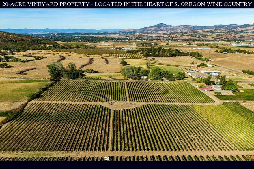 It's time to take control of your future. Wonderful 20-acre vineyard property grounded in traditional values, created by an inspired, qualified, & hard-working family, that offers an opportunity to those who are ready & see the value of a lifestyle filled with potential for self-reliance. Incredible location, in the heart of the Rogue Valley, & S. Oregon wine county. Only minutes to world class adventure, cultural arts, fine dining, award winning wineries, & a peaceful setting that will energize your soul. Established 30 years ago, this unique boutique vineyard offers multiple vine varieties – carefully selected for the local climate & soil cond. Owners are well-known & respected in the wine community w/approx. 65 tons of annual production. This is a unique & valuable opportunity – vineyard size qualifies for a winery; existing home is solid & charming/possible tasting room & event center? Build a new home w/expansive view near top of lot, potential for 2nd farmhand dwelling, & more.