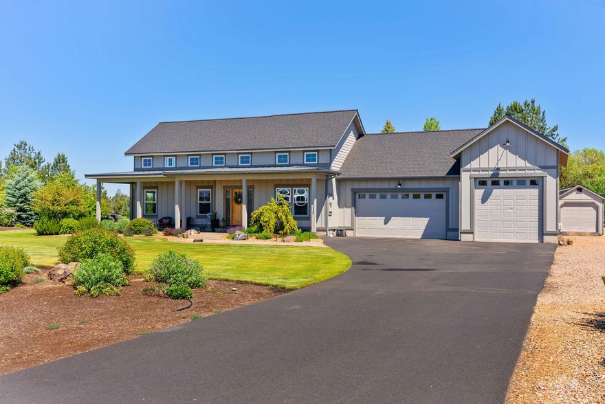 21340 View Ln where timeless style, privacy & impeccable upgrades come together to create a move-in ready sanctuary. Built in 2018, this 3-bed + office, 2.5-bath, 2,491 sqft modern farmhouse offers elevated living on 2+ acres of beautifully transformed land. Step inside to 18' ceilings, hardwood floors & seamless open-concept floor plan. The kitchen is a chef's dream w/large island, gas range, high-end stainless appliances & smart upgrades like mood lighting & motorized blinds w/timers. Magical outdoor space designed by landscape architect & enhanced w/$220K+ in upgrades, property lives like a private park. Enjoy patios for dining, fire pit under the stars & saltwater hot tub set among blooming perennials & curated trees for yr-round beauty. Beyond the home's fenced backyard is over an acre of irrigated pastureland leveled, seeded & ready for farm animals, or simply enjoying the space. 33' x 33' pond w/ cascading waterfall. 3-car garage w/10' x 10' door, 28' deep for boat or toys.