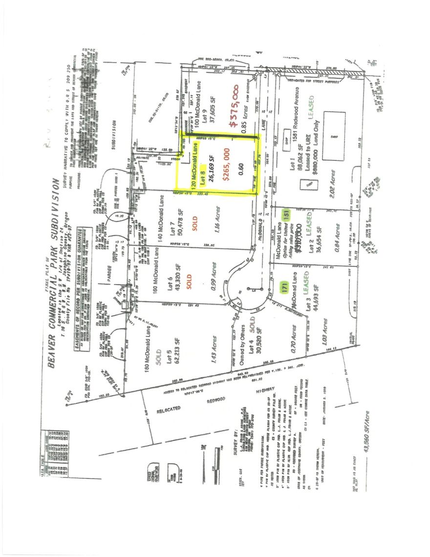 Exclusions to Listing - Ask Listing Broker for Details! Only two remaining commercial lots, located between high-traffic Redwood Highway and Redwood Avenue in Grants Pass. A total of 1.45 combined Acres, Lot 8 (0.60 Acres) and Lot 9 (0.85 Acres) in the Beaver Commercial Park are the premium lots in the commercial park. Lot 9 is currently leased to a tenant on a Month-to-Month basis. Lots are available together or separately. Located just past Allen Creek Shopping Center (Albertsons) between Redwood Highway and Redwood Avenue, near Red Robin and the Josepine County Fairgrounds. See attached subdivision plat map.