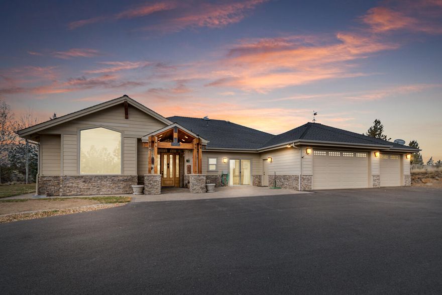 Striking single level home with radiant heat throughout. Offering quintessential Oregon indoor/outdoor living, full Cascade views. Fine wood finishes abound. Floor plan offers adaptable rooms, high ceilings, and rich natural light. The kitchen boasts hand made copper sinks, knotty alder trim and hickory cabinetry creating the perfect balance for casual and formal entertaining alike. Italian tile floors, central vac, handicap accessibility and hand troweled plaster. Wood trimmed doors and windows open to majestic Bend Oregon views from Mt. Bachelor to Mt. Jefferson. Complete with oversized garage, water rights, underground utilities and storage. Shared driveway agreement and locked joint mailboxes.