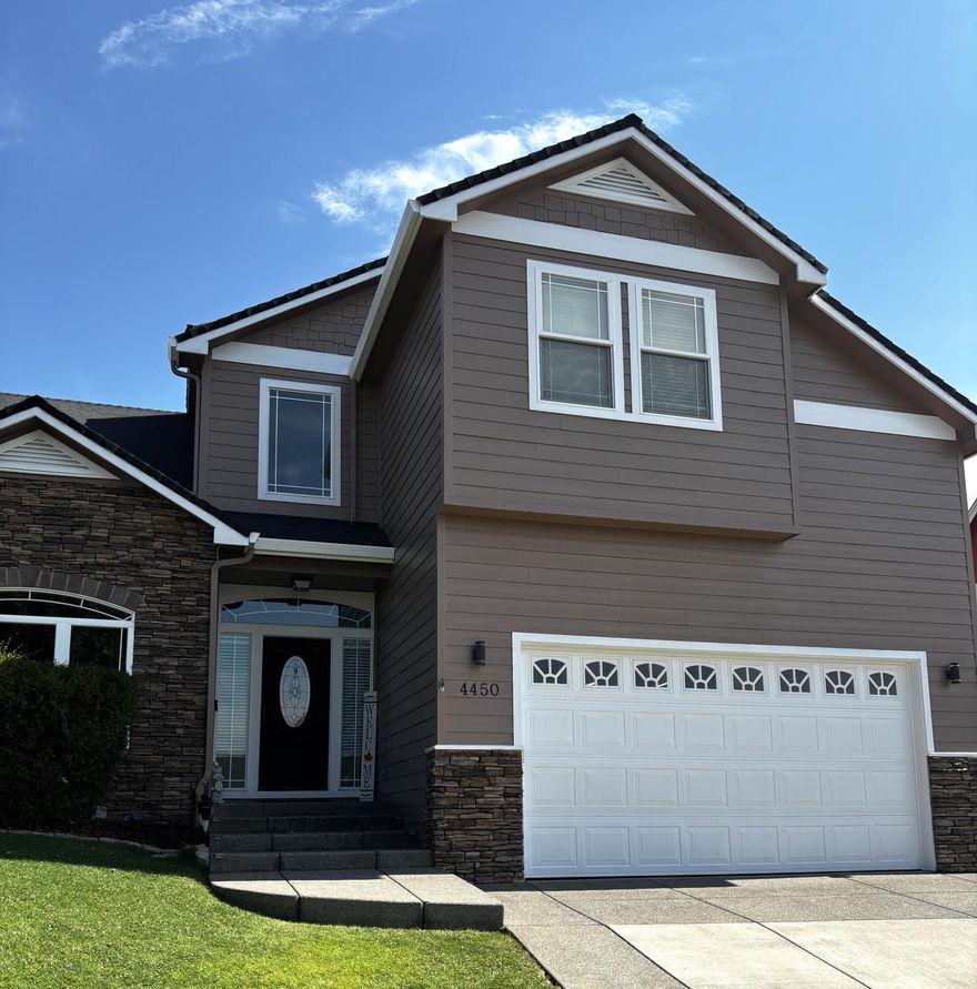 Beautiful new exterior paint and updated sprinkler system! Easy maintenance and low solar power bills for years to come!!Custom cabinetry throughout, granite counters, a large island and pantry in the kitchen. Stainless steel appliances. Open floor plan with high arched doorways, tall windows for light and views. The ground floor includes an office that could be used as a 5th bedroom good size with closet, full bath along with a large kitchen, dining area, game room and a great room with a gas fireplace. Enjoy the Palm trees and your patio while you cook in your outdoor kitchen. New laminate flooring. Upstairs there are 4 large bedrooms with 2 full baths, laundry and spacious landing area. Fenced level back lawn area and terracing for your gardening pleasure. Solar installed in 2024. Custom storage installed in the garage.  Buyer to do their own due diligence on all information pertaining to the property.