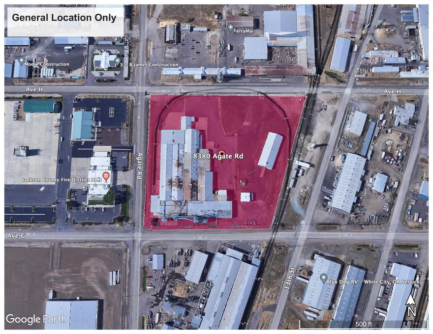 Seller Financing Available.  Approx. 107,885 Sf. Industrial Building on 7.87 General Industrial zoned acres located on the corner of Agate Rd. and Ave. G. The property is served by rail, multiple truck entry points, and a strong electrical system. The interior of the building is served by multiple roll up doors. The property is comprised of 3 tax lots and 3 separate buildings. 

Notice: No warranty or representation, express or implied, is made as to the accuracy of the information contained herein; all information contained herein is subject to change, errors, and to your independent verification.  Neither Chris Chamberlain, the Property owner, nor Merit Commercial Real Estate assumes liability for inaccura