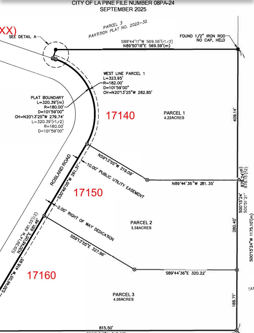 Newly divided level 4.22 acres Lot within the city limits of La Pine views of Paulina Mtn. Range.  PIT testing was done on each lot and septic was approved. Each lot has power and water. Currently Bonneville Power is leasing a portion of the land, they may want to continue to lease from new owners.  *Still working with the County to assign unique parcel numbers and addresses, we are aware that the parcel number may not match current owners. *
