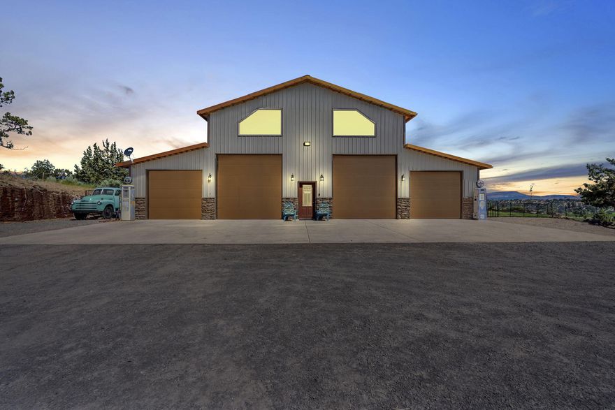 Simply one of a kind Barndominium, with amazing breathtaking  panoramic views. This one of a kind has it all. As you come up the private gated driveway, you pull into huge garage/shop. It is perfect for multi-generational living. From the shop you can enter straight into the lower level that has 2 bedrooms, kitchen, laundry, walk in closet living room full views and lovely covered patio along w/private entrance from outside as well. Then you can go upstairs from the shop to another beautiful living area with large primary, full ensuite that includes a stunning tile shower with multiple shower heads. There is an oversized office that could easily be made into a second bedroom. There is a second bath and full kitchen on this level as well. Deck has unstoppable views, and a hot tub to enjoy them from. All this with outdoor  solar heated swimming pool & 10 acres for privacing sitting just 5 minutes from town. Overlooking the farming area of Terrebonne, in amazing Central Oregon.