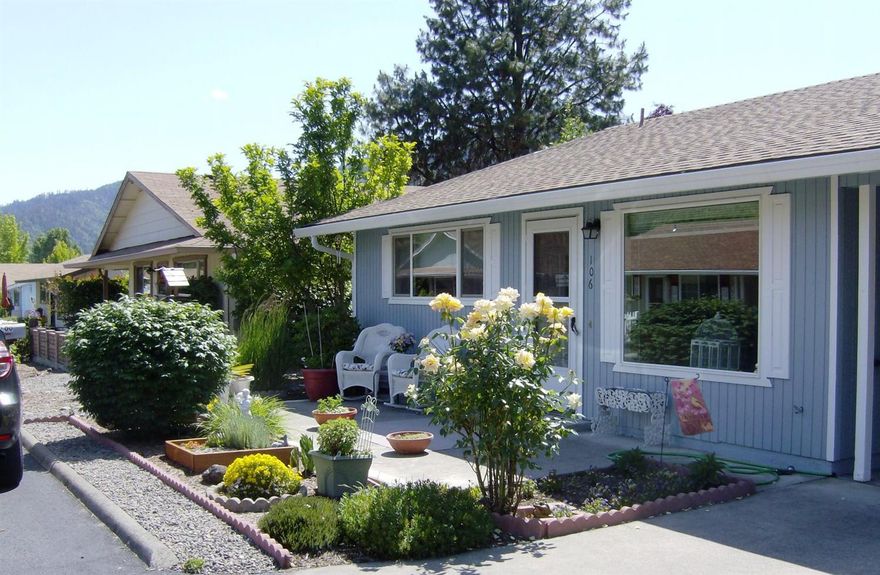 Located in the 55+ community of Brookside Village in the picturesque town of Rogue River is this bright and inviting 2 Br 1 Ba updated 1008 sq ft home. It is situated on a .09 acre lot with new fencing to provide privacy to the landscaped back yard and stamped concrete patio. This home has a new roof and gutter system, heat pump for both heat and air conditioning, double pane vinyl windows and new vinyl slider from the master to the back patio area. The exterior has just been painted and the interior is lovely and bright with laminate flooring in living area and 2nd bedroom and carpeting in the master bedroom. The master bedroom has private access to the full bath. The monthly homeowner fees of $102 take care of the water, sewer, and maintenance of the community landscaping, pool, clubhouse, and secure RV parking area. This is really a nice home that shows pride of ownership throughout.