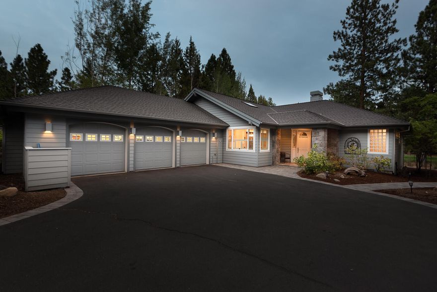 This single level with O/S, heated & A/C, 3 car garage located in Awbrey Glen, a desirable, gated, golf community in NW Bend has had some recent updates. The spacious kitchen is open to a large great room featuring abundant windows overlooking the extensive decking and 2nd fairway in front of tee box. The great room boasts a gas fireplace with updated tile surround, open beamed vaulted ceiling and wood floors. The well designed floor plan does not waste sq footage and separates the primary bedroom from the others. The primary bedroom with gas fireplace, and bath have been completely updated with a new tiled shower, double vanities and tile floor.