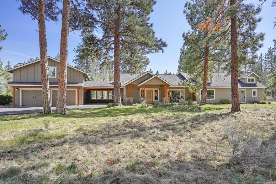 10 acres of country living 1.6 miles from Sisters!  Remodel/addition to existing home in 2007. Two-double car attached garages and a 40x60 RV GARAGE/shop.  SINGLE LEVEL living w/upstairs bonus room, English pub/bar & guest suite.  Great room with vaulted ceiling, stack stone gas fireplace and wood floors. Beautiful kitchen with custom cabinets, granite counters, prep sink, Monogram 6 burner range, refrigerator, mini-frig/ice maker, warming drawer, DW & micro/conv oven.  Dining area w/built-in buffet. Media room or FORMAL DINING room. Office/den with French doors/5th bedroom.  Large primary bedroom suite w/2 vanities, soaking tub, walk-in shower, & radiant heat.  2 guest bedrooms on the main level.  Perfect for MULTI-GENERATIONAL living w/separate living quarters upstairs. Extensive covered porches w/Trex decking and manicured grounds.  Features include travertine floors, solid core doors, central vac & AC.  Fenced on 3 sides & .5 miles from National Forest. Horses are allowed.