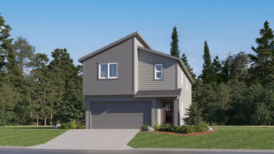 New construction home is located at Reserve in the Pines, surrounded by year-round outdoor recreation with open spaces and adjacent to a community trail. The Auburn plan offers an open-concept main floor where the kitchen, dining nook, and great room flow seamlessly to the patio. Upstairs, you'll find four rooms, including a private primary suite tucked into the back corner with an en-suite bath, double vanity and walk-in closet. Two bedrooms share a jack-and-jill style bath, and the third bedroom has an en-suite bath. Interior highlights include quartz counters, shaker-style cabinets, and LVP flooring in the kitchen and baths. This home also includes central AC, fridge, washer and dryer, xeriscaped front yard with drip irrigation system, and blinds—all at no extra cost! Homesite 96. Est. completion April 2026. Rendering is artist conception only. Photos are of a similar home, features and finishes will vary. Closing costs incentive available when financing with preferred lender.