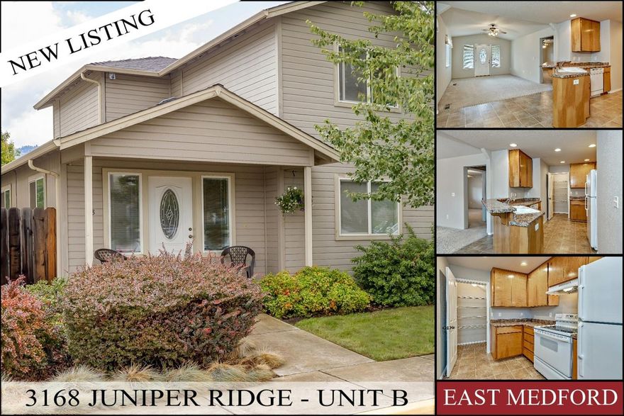 East Medford Townhouse in Mountain Gate Village. Easy care low maintenance living w/yard care provided by assoc. Excellent floorplan w/master bdrm suite on 1st floor, vaulted living rm, lrg. kitchen w/breakfast bar w/walk in pantry. This is a very comfortable well-designed home. Main living has plenty of windows providing natural light. The living room is open & vaulted for comfort, the kitchen has a large walk-in pantry, plenty of counter & storage space, and is open to the dining & living areas making this home great for entertaining family/friends. Finished 2 car garage w/door opener, alley access.