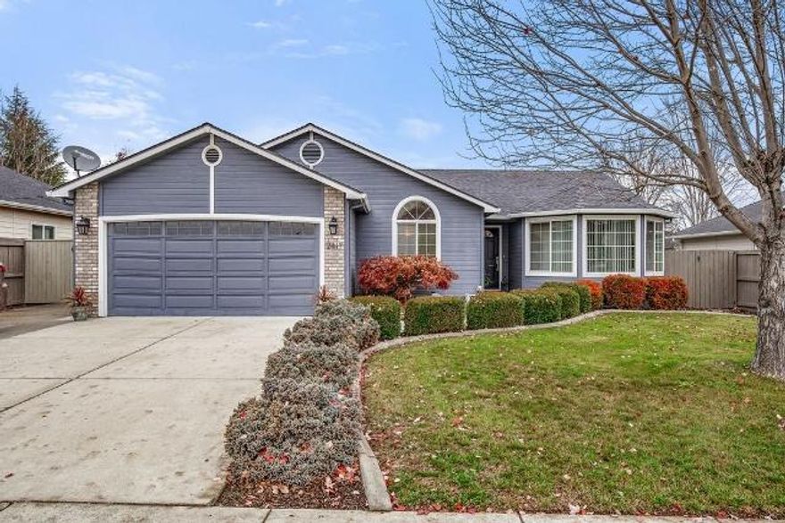 Gorgeously Updated. Single level living in Central Point East.  3 Bedroom, 2 Bath 1610 sq. ft. 2001 Built .18 acre lot.  Kitchen newly remodeled with the latest colors, materials, and styles. Striking leathered granite countertops, black stainless steel trimmed appliances, wood look porcelain tile floors, and new kitchen cabinets including a center island base with breakfast bar. Great room concept into living area having a gas fireplace., Both hallway bathroom and master bath updated with matching granite countertops, plus new tile floors.  Large master bedroom with soaring ceiling, decorating shelf for plants, knick knacks, memorabilia, etc. plus a rear yard facing patio door. Laundry room updates as well with flooring and cabinetry.  Newly replaced composition roof. Some RV parking on the west side of home. Semi-private North facing level rear yard with tool shed. Easy access to Downtown Central Point, Medford, Interstate 5 and Rouge Valley Airport.  Corporate relocation.