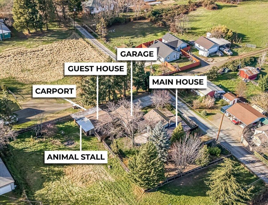 Rare SW Medford property on .83 acres, offering versatility, privacy, and room to grow. The main home is complemented by an attached 436 sq ft guest quarters separated by the 2-car garage, featuring 1 bedroom, 1 bathroom, kitchenette, and a private fenced yard, ideal for multigenerational living, guests, or rental income. Enjoy a spacious backyard with fruit and walnut trees. The pasture adjacent to the home is fully fenced, irrigated, and complete with animal stalls, a chicken coop, and gated access. Recent upgrades include a well pump in 2013, new water heater, HVAC replaced in 2016, and updated metal roof. Ample parking and SFR-10 zoning offer excellent potential for future development or investment opportunities. Buyer to do own due diligence and verify uses with City of Medford.