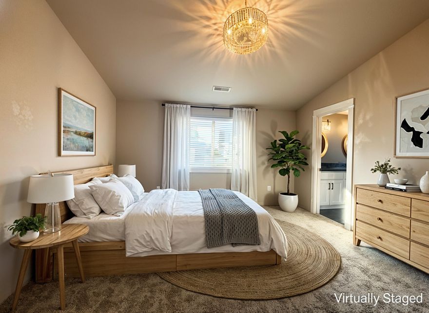 Welcome to this inviting 3-bed, 2-bath home where soaring vaulted ceilings connect the living, dining, and kitchen for effortless everyday living. The kitchen
features stainless-steel appliances, granite counters, and tile flooring, while warm wood floors carry through the living room and hallway. The circular hallway
floor plan creates smooth flow between rooms. Retreat to the spacious primary suite with a custom tile shower and leathered-granite counters. Outside, a
wonderfully landscaped, tiered backyard sets the scene for gatherings with an expansive patio, plenty of room to relax, play, and entertain. A rare blend of style, comfort, and outdoor living.