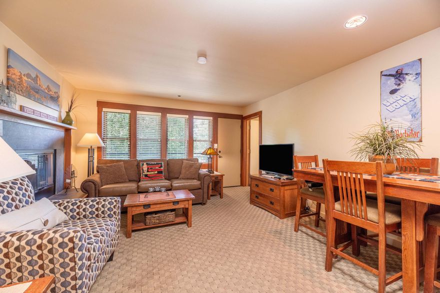 Own this beautiful and spacious one bedroom, two bath condo at Seventh Mountain Resort . This fully furnished condo features fully equipped kitchen, living room with a cozy fireplace, dining area,a Murphy and Hide a Bed, and a full bath off the living room .The  main bedroom has 2 queen beds and a private full bath.
There is a private deck off each room.The two rooms can be locked off and rented separately which allows flexibility for the homeowner. Rent one and stay in the other! HOA's include ALL utilities, exterior and HAVC maintenance, snow removal, HDTV, wifi, fire insurance, grounds and pools upkeep, RV parking and on site security..Amenities and services include pools, hot tubs, fitness center, tennis and pickle ball courts, hiking playgrounds, ice skating, white water rafting and an onsite restaurant..Seventh Mountain Resort is a Premier Central Oregon Resort. The closest lodging to Mount Bachelor, Just a few short miles to the Old Mill and Downtown Bend. Close to perfect!