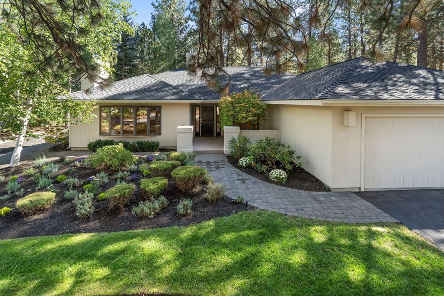 Single level home on .34 acres backing a common area in Sunrise Village Newly painted interior, updates include the roof, laminate flooring, 12' x 42' Trex deck. HVAC system installed in 2015. The great room has a vaulted ceiling, gas burning fireplace w/wood mantle, tile surround. Center island kitchen with tile counters/backsplash, breakfast bar, stainless appliances, new lighting, faucet & hardware. Eating area w/skylight, pantry, pocket and sliding glass doors. Primary bedroom, vaulted ceiling, walk in closet, dual vanity, pocket door, solid surface counter/backsplash, floor to ceiling tile shower and flooring. Wonderful setting with old growth Ponderosa pines trees and Manzanita. On the way to Mt. Bachelor and nearby Phil's Trail. Nestled in the trees above the Deschutes River and adjacent to the Deschutes National Forest. Amenities include Deschutes River access, RV parking area, recreation trails/paths, tennis courts, pool, hot tub, spa/sauna, lodge/clubhouse & security gate