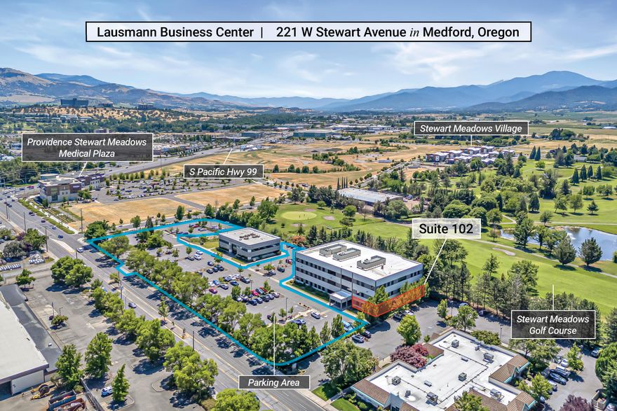 Versatile ground-level medical offices available in the Lausmann Business Center near expanding commercial and residential developments of SW Medford. Suite 102 is currently configured with waiting room, reception desk, built-in retail displays, 14 exam rooms with sinks and built-ins, optical workroom with separate private office, records room, billing office, consulting and scheduling rooms, tech station, research office, two screening rooms, field room, testing office, breakroom, sub-waiting room, procedure room, six private restrooms - one with shower - and two corridor exits. Established mix of professional services, legal, medical, and government offices. Flexible build-to-suit tenant improvements available with lease terms starting at $1.75 per SqFt per month. High-traffic corridor of W Stewart Avenue and S Pacific Highway 99 within a quarter-mile of Providence Stewart Meadows Medical Plaza, Fichtner-Mainwaring Park, and Stewart Meadows Village. Inquire for details!