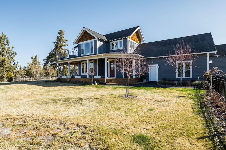 Filled with charm and character throughout, this timeless and immaculately maintained farmhouse offers complete privacy, space and tranquility all within 10 minutes to Downtown Bend. Graciously situated on 9.45 acres w/views of the Cascade Mountains, High Desert landscape, and stunning gardens, this rare gem features quality craftsmanship and a thoughtful design plus a PHENOMENAL shop for all your Bend gear. Delightful cook's kitchen w/solid surface countertops, SS appl and expansive bar, opens to a light-filled Great Rm w/gas fireplace and custom cabinetry. Elegant Formal Dining offers access to the picturesque wrap around porch blending indoor/outdoor entertaining seamlessly. Private MAIN LEVEL Primary Suite w/outdoor access. Upstairs: 2 BR, full BA, loft Bonus/flex space + Theater Rm. Relax under the Central Oregon skies and enjoy views of the Cascades from the upper deck. No HOA, fully fenced property w/gated, paved driveway entrance and multiple outdoor spaces to enjoy year round.