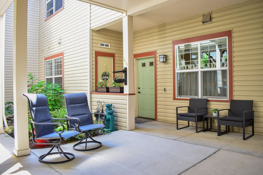 Elegant and contemporary, this move-in ready 2 bedroom, 2 bath, home 1338 sf home, offers complete resort-style living in Ashland's beautiful Mountain Meadows! Real wood floors, double pane vinyl windows, thick slab granite kitchen, lots of storage and tons of natural light! Located conveniently in the Cottonwood building, this serene unit has stunning views from the covered back porch, and easy access to all amenities including 4 acre park with walking trails, fitness center, pool, community garden area, full dining program, and a pond. Monthly Condo + HOA fees + food allowance apply, Included in the sale are the refrigerator, washer, and dryer. Dishwasher is ''off-floor'' installation, for easy access. Floorplan and measurements are approximate and are included for room relationships only. Easy to show so make your appointment to tour and start living the Mountain Meadows life!